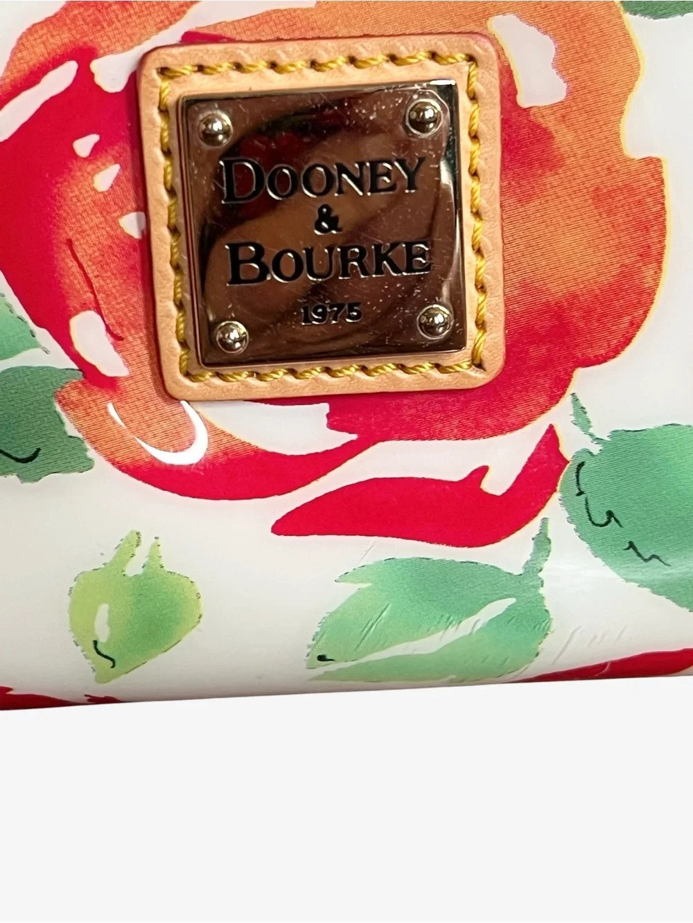 Dooney & Bourke Floral Dome Satchel with Red Floral Print and Tan Leather Trim
